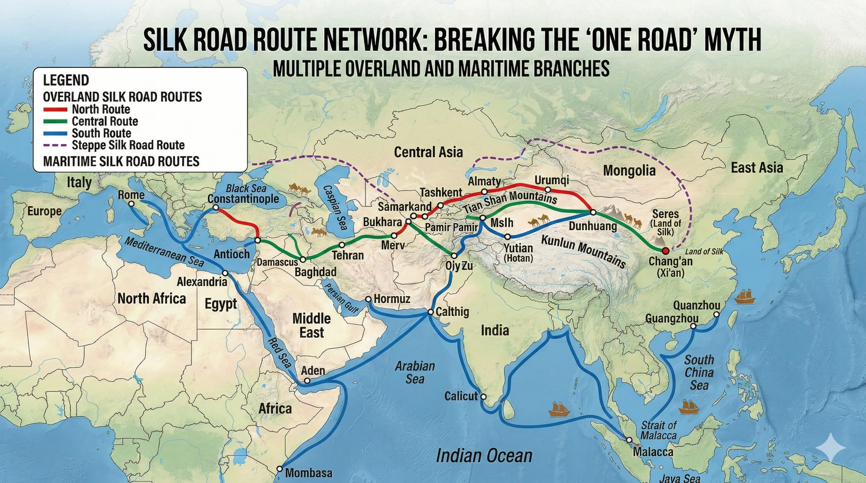 Map of the Silk Road network showing various overland and maritime trade routes across Asia, Europe, and Africa.webp
