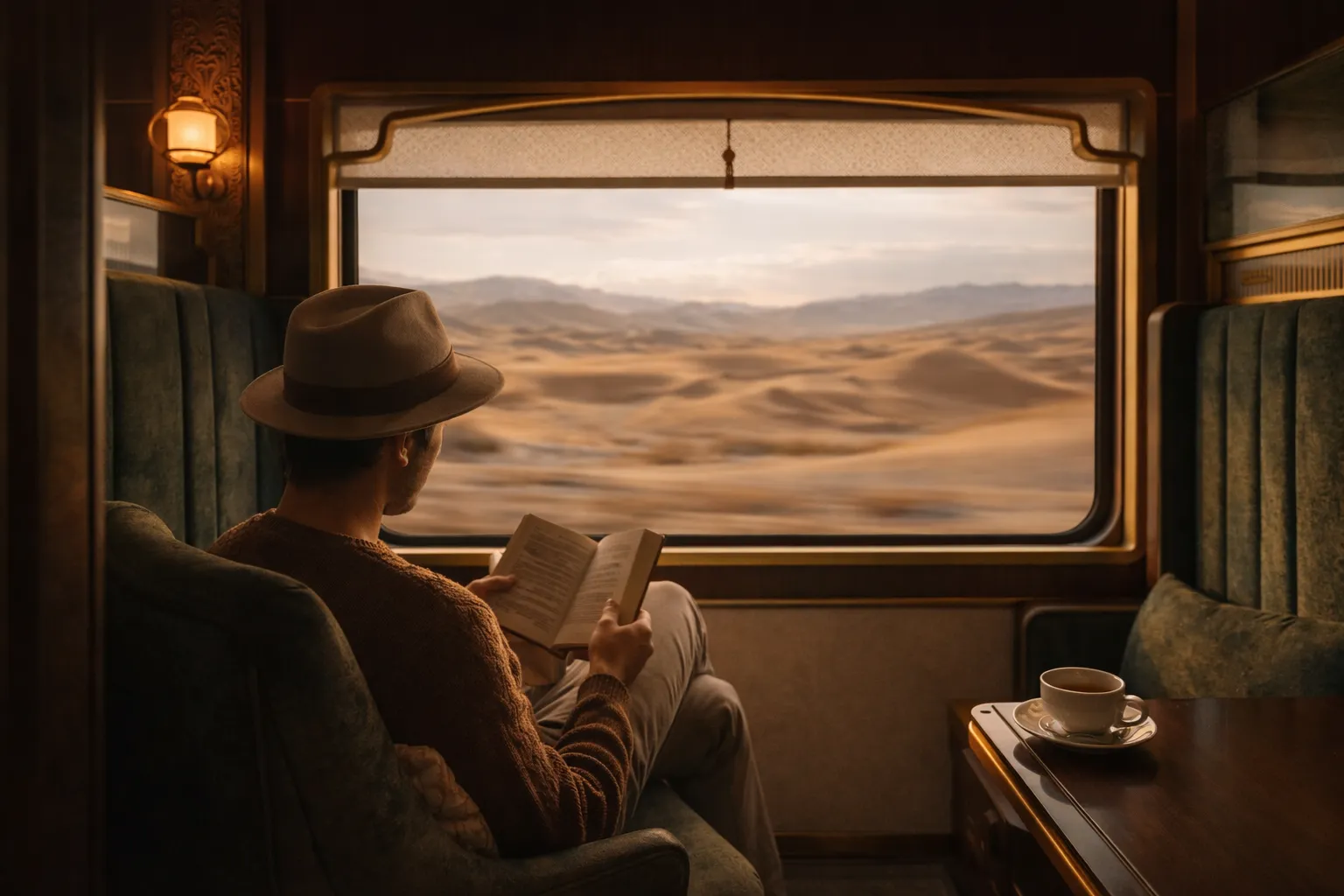 Traveler reading by a train window overlooking desert landscape.webp