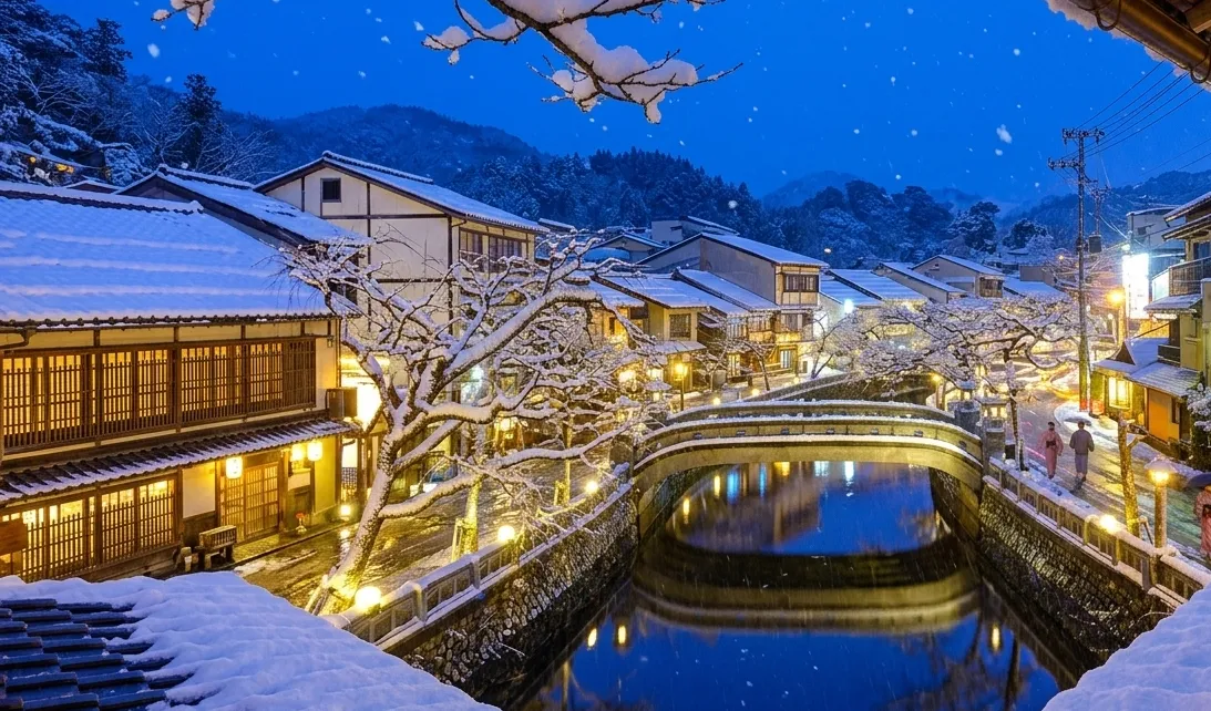 雪がちらつく温泉街