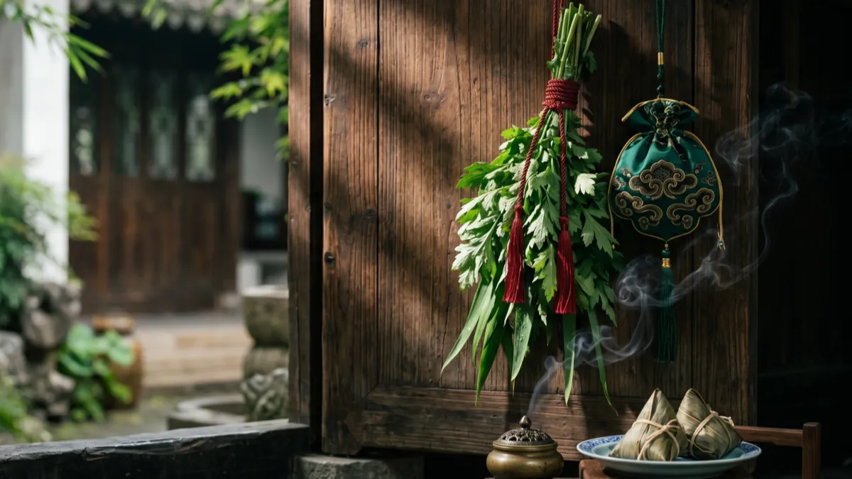古樸木門上掛著艾草、菖蒲束與刺繡香囊，門旁設有青銅香爐與粽子，光影優雅，呈現端午節傳統靜物之美